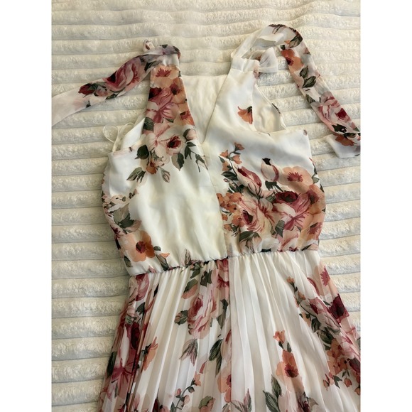 Premier Amour Floral Halter Pleated Maxi Dress White Pink Size 4 - Picture 2 of 5